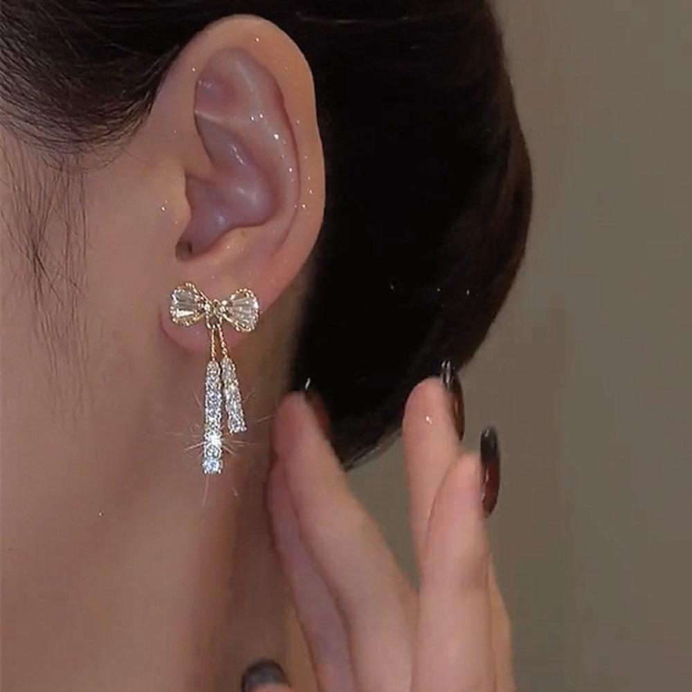 Cubic Zirconia Bowknot Earrings Sparkling Long Tassel Earrings Gifts Zircon Earrings  Women