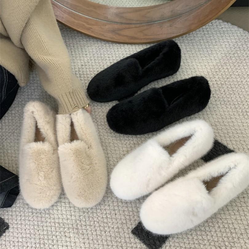 The Evening Wind Is Gentle, Women Wear White Fluffy Shoes In Summer, Women's Flat-bottomed Velvet Beanie Shoes, French Shoes, New Cotton Shoes In Autu