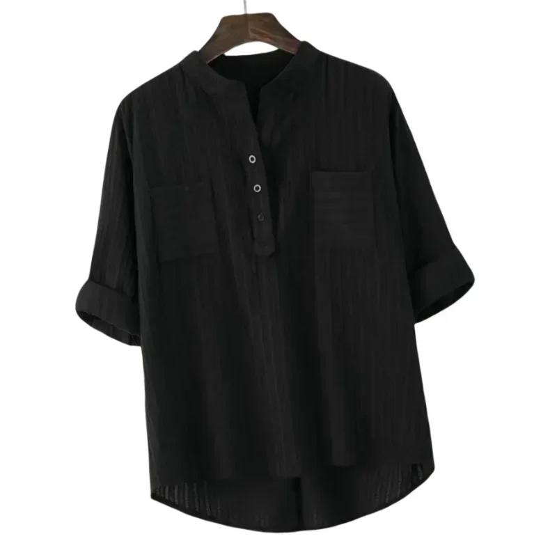 Plus Size Shirts Women's Cotton Tops Mujer Office Long Sleeve New Korean Loose Casual Vertical V-neck Shirts Top Blusas De Mujer