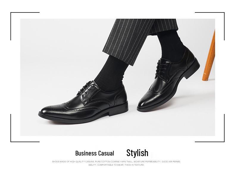 New Men's English Style Hidden Heel Derby Brogue Leather Shoes - Pointed Toe Lace-Up Design for Formal and Casual Wear