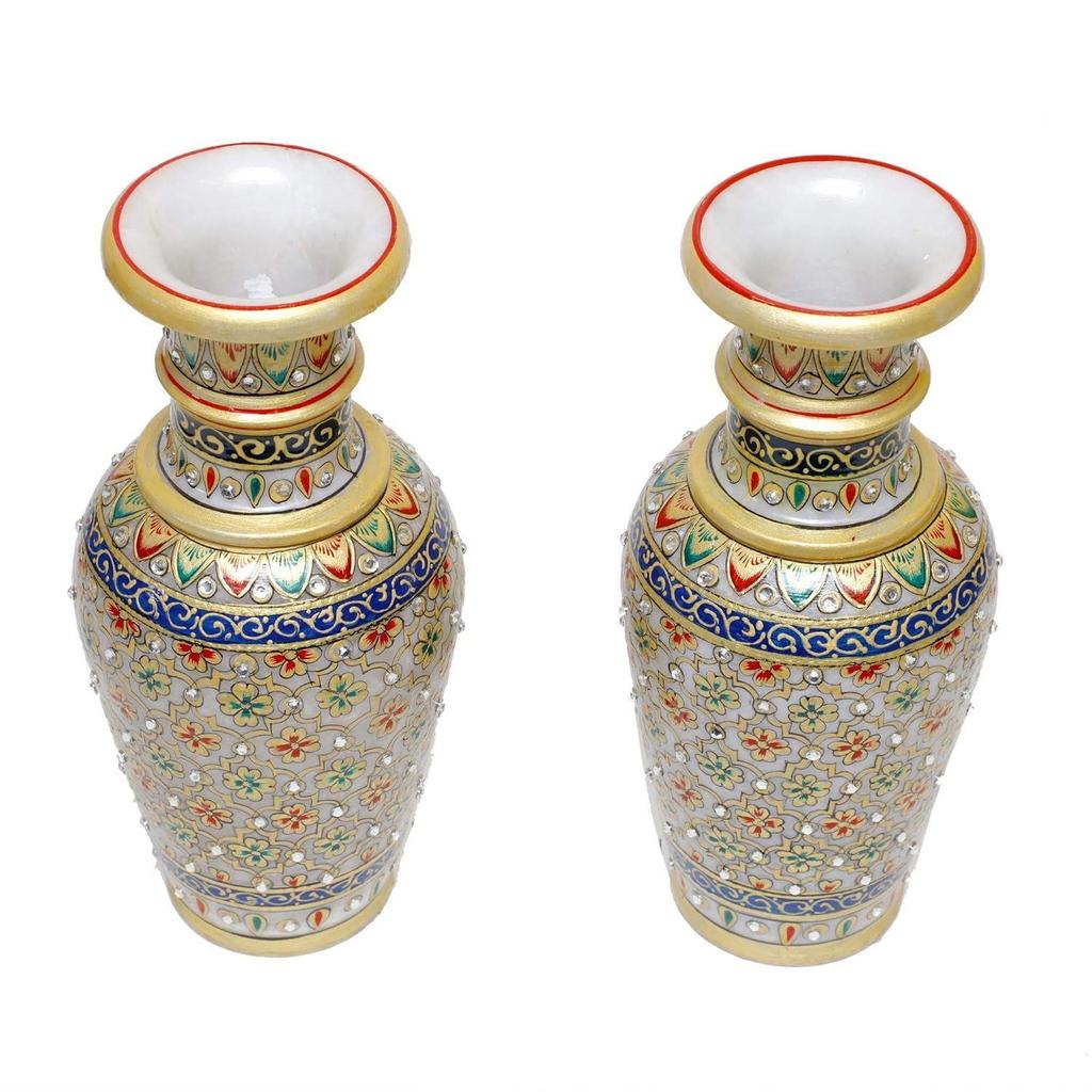 Designer Decorative Marble Flower Vase | Round Shape Beautiful Meenakari Work Showpiece Vases for Home Decoration