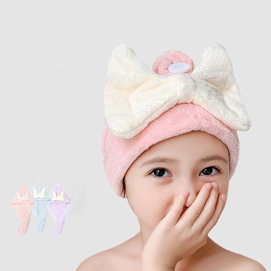 Kids Hair Drying Cap Super Absorbent Quick Dry Hair Towel Wrap with Button Cute Bow Anti-Frizz Turban for Girls Long Hair