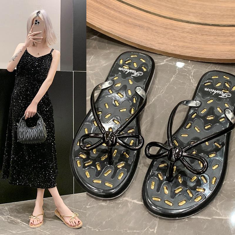 New Bow Flip-flops Summer Women's Go Out Fashionable Versatile Foot Pinch Cool Slippers Jelly Crystal Non-slip