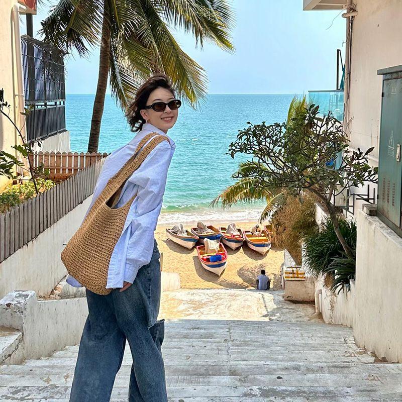 

Woven Straw Bag Women Summer Shoulder Bag Large Capacity Woven Bag Lazy Canvas Bag Versitile Fashion Ins Style Khaki