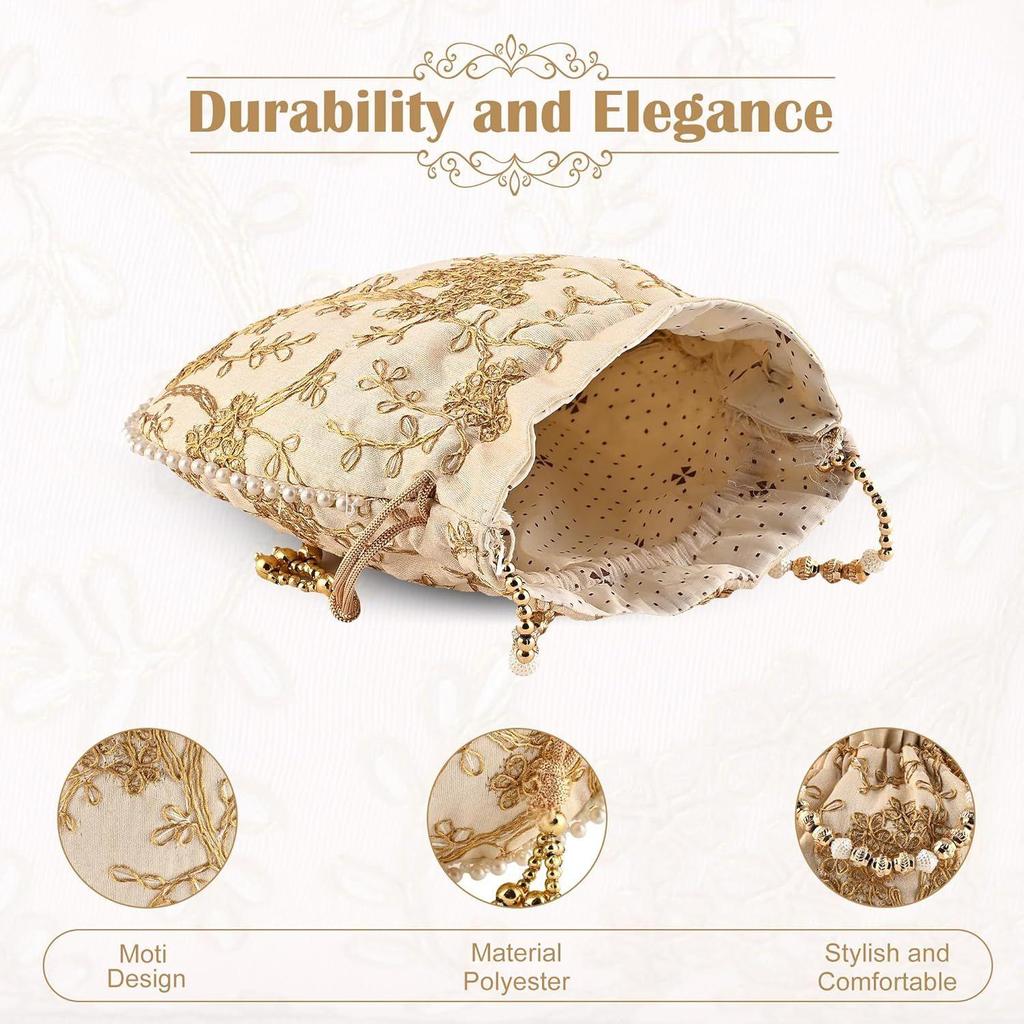 Sacs Potli pour Dames & Filles | Pochettes Shagun pour Femmes pour les Saisons Festives | Sac Batwa Portefeuille de Mariée avec Broderie - Crème