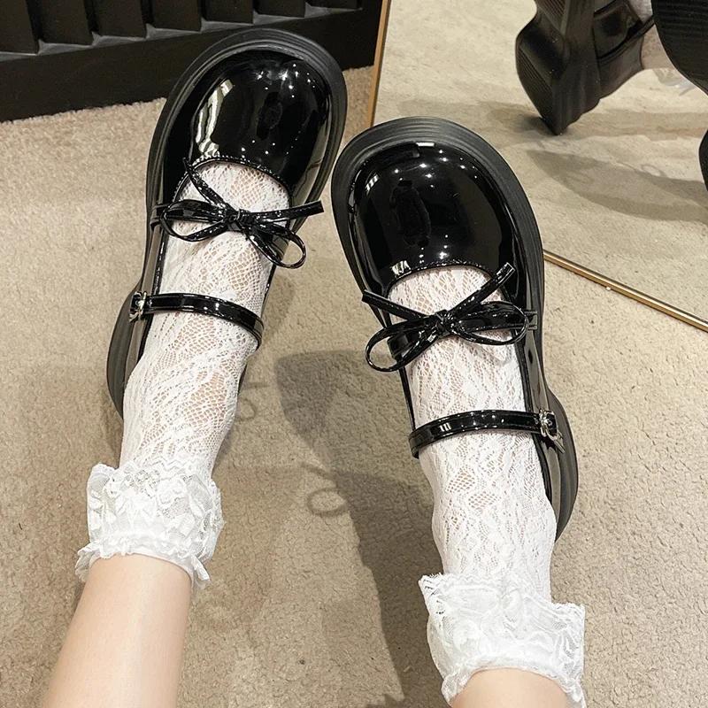 Fashion Black Chunky Platform Mary Jane Shoes for Women 2025 Spring Patent Leather Pumps Woman Thick Bottom Bowknot Lolita Shoes Ladies