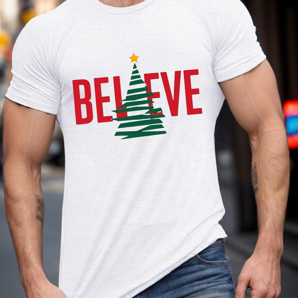 Believe Christmas Tree Graphic Mens Cotton TShirt Casual Short Sleeve Round Neck Tee