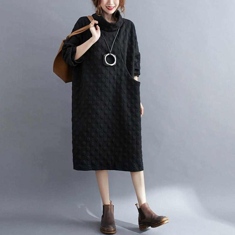 Women Oversized Dress Turtleneck Long Sleeve Polka Dot Dress Casual Solid Color Pocket Maxi Dress