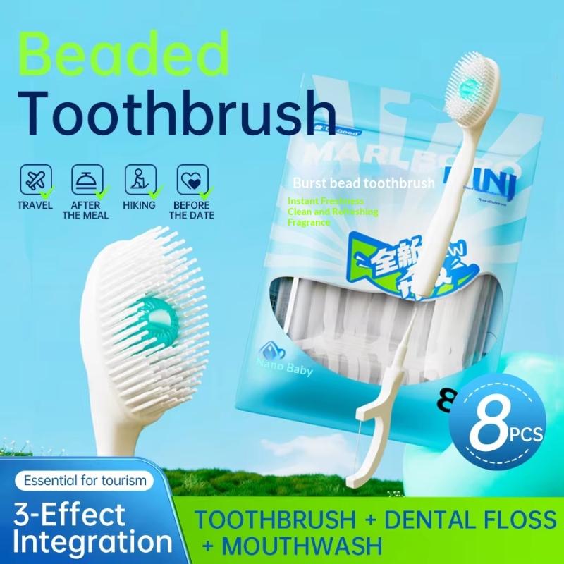 8/16Pcs Portable And Individually Packaged 3-In-1 Brush Head Toothbrush Floss Disposable Toothbrush For Adults On Business Trips