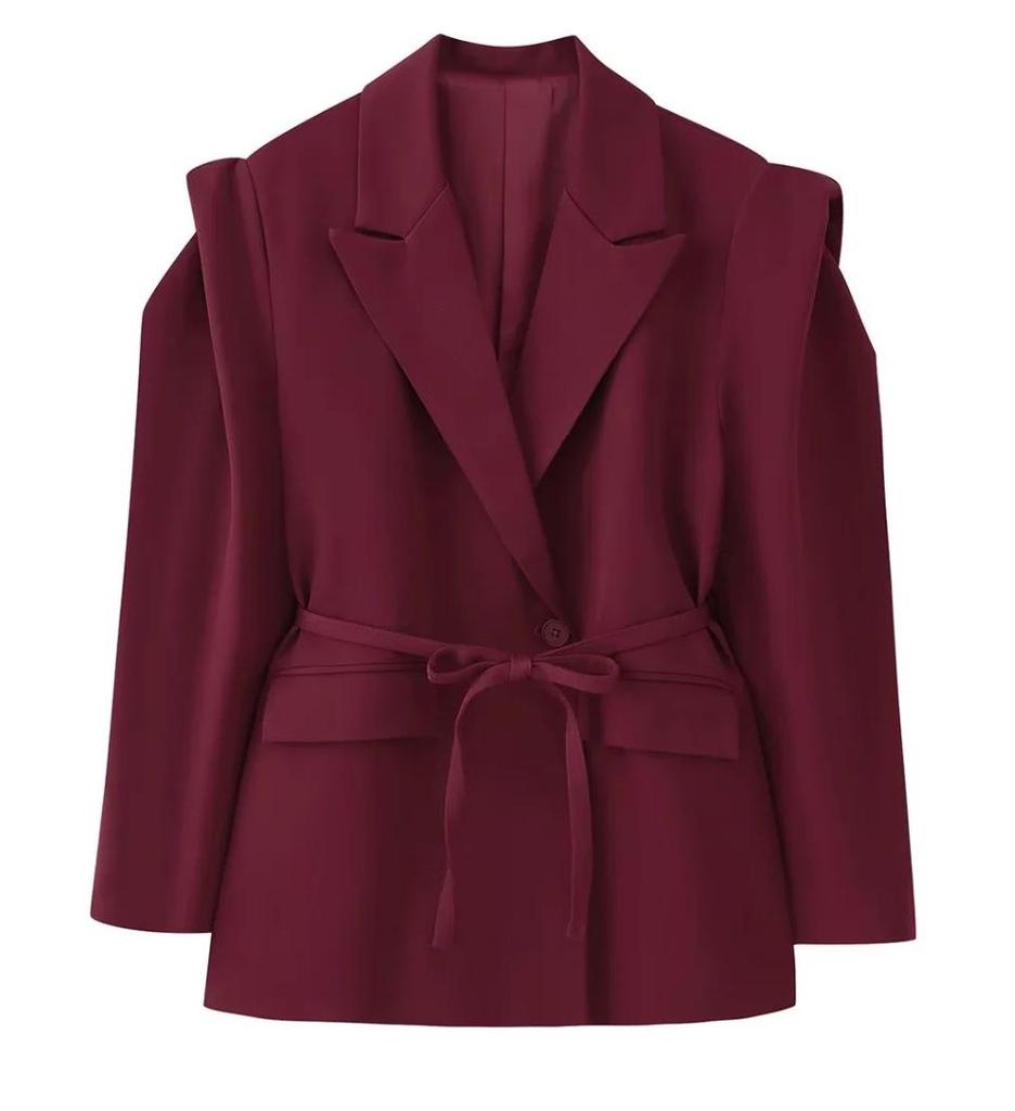 Women's Fashion Padded Shoulder Suit Jacket with Tie-Waist