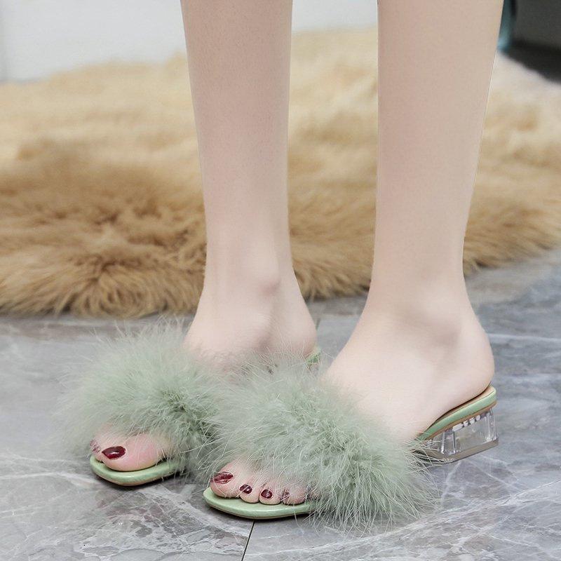 

Women s Summer Chunky Heel Furry Slippers - Korean Style Fashion Sandals 36 зелений