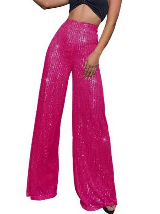 Pantaloni da Donna a Gamba Larga Lunghi Fino ai Piedi con Perle e Paillettes alla Moda 2025