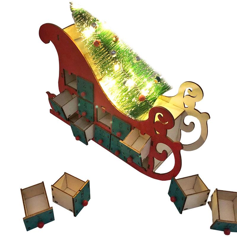 Christmas Advent Calendar Ornaments Wooden Luminous Decoration Gadget with 24 Drawers with LED Light Storage Home Party Gifts
