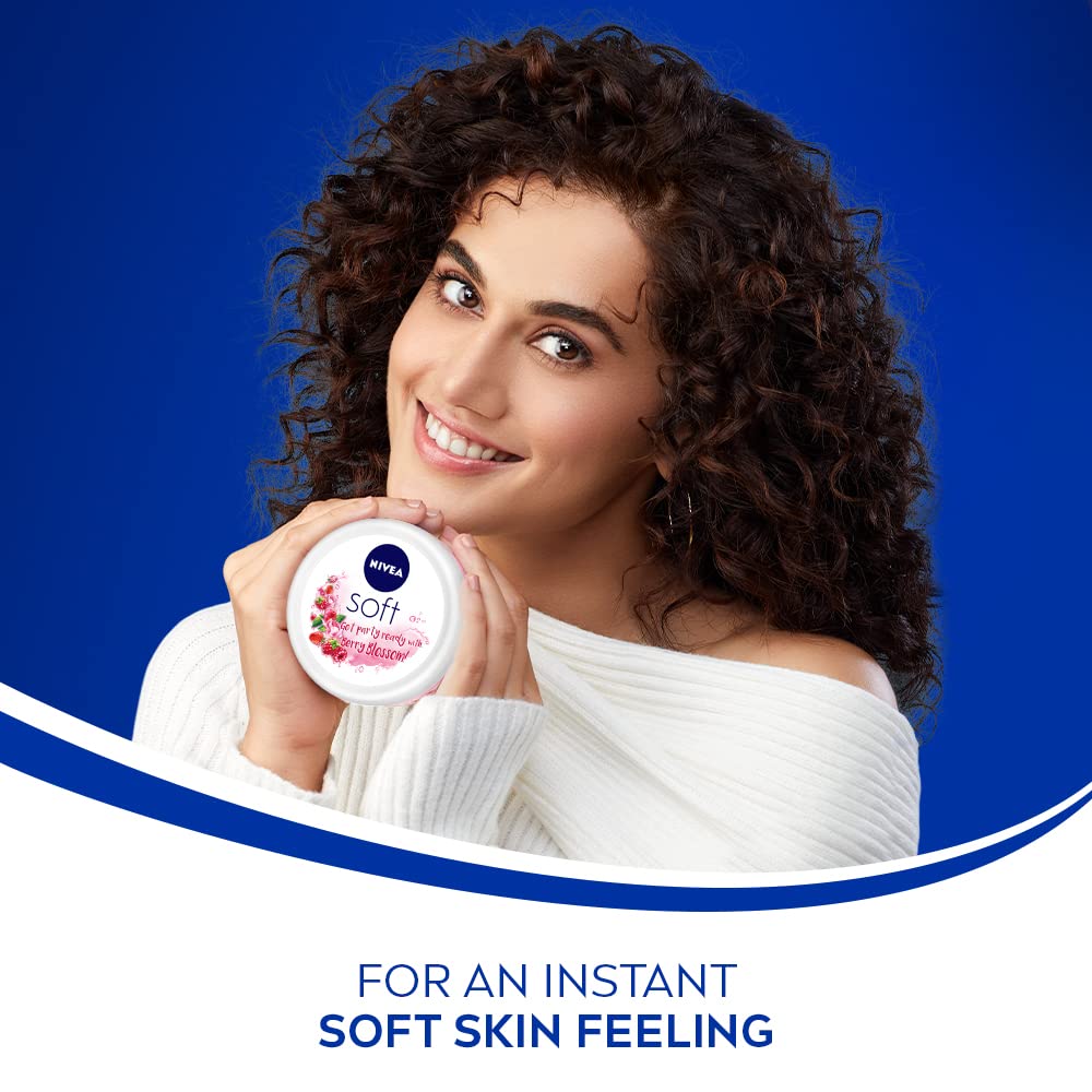 NIVEA Soft Berry Blossom Moisturizing Cream 200ml, Light Hydration for Face Hands Body, Vitamin E Jojoba Oil, Non-Greasy