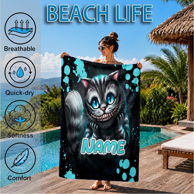 Custom Name che-shire cat Beach Towel Microfiber Beach Towel, Lightweight and Quick-Dry, for Summer Travel, Swimming Pool Gift