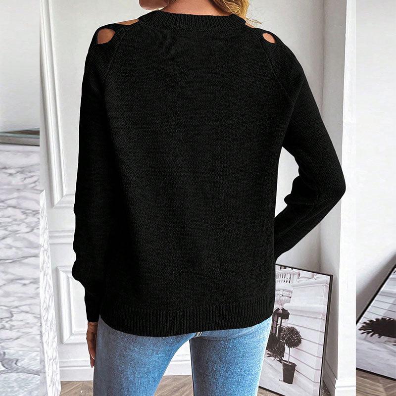 European and American Autumn/Winter Women's Woolen Sweater: Hollow Fabric Strip Patchwork Long Sleeve Knitwear, Round Neck Pullover Top