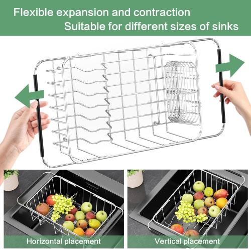 Adjustable, Expandable In-sink Dish Drying Rack, 304 Stainless Steel Metal Dish Drying Rack Organizer with Stainless Steel Dish Holders Inside the Sin