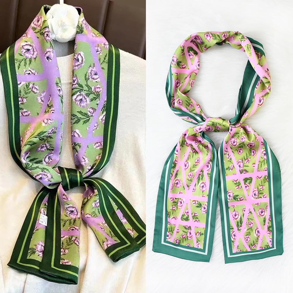 Ladies' Fashion Versatile Striped Carriage Irregular Satin Long Scarf Silk Scarf Premium Double Layer Narrow Long Scarf