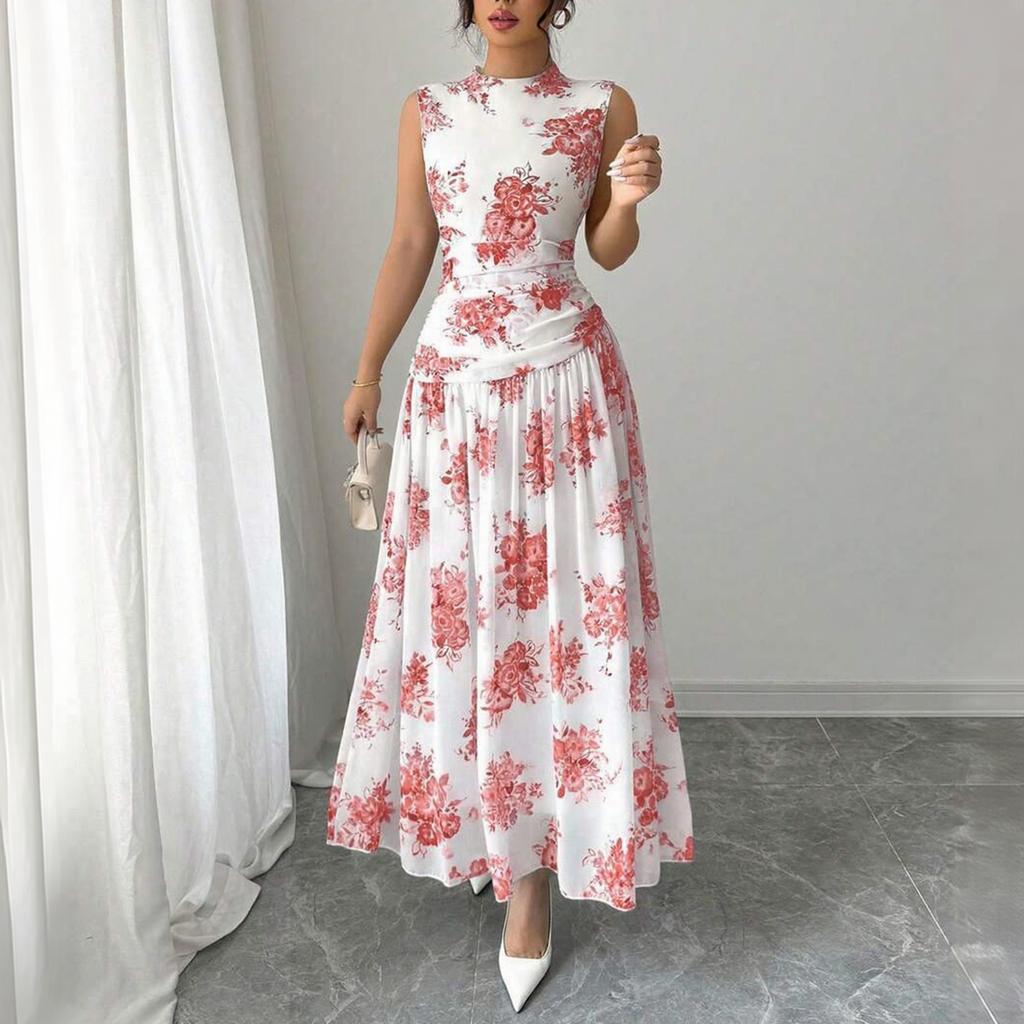 Ärmelloses Damen-Midikleid mit Blumendruck, Rundhalsausschnitt und gefalteter Taille, Elegantes lässiges Sommerkleid für den täglichen Gebrauch