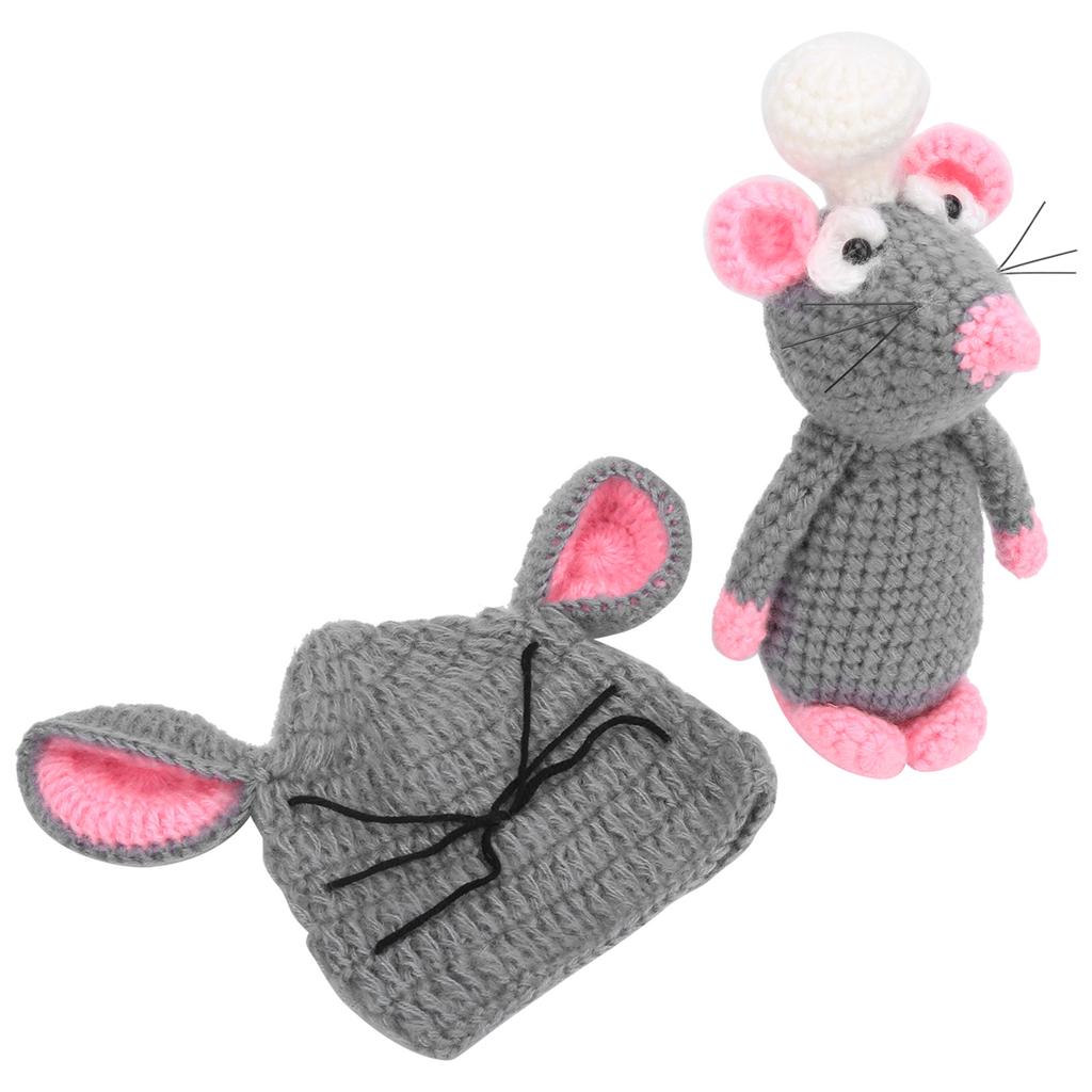 Infant Costume Knitted Sets Baby Photo Shoot Outfits Newborn Baby Mouse Hat with Mouse Doll