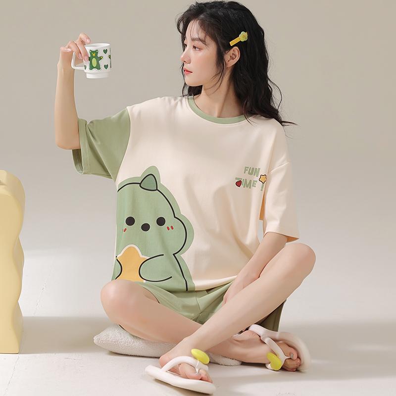 Summer Casual Loose Thin Women's Pajamas Set O-Neck T Shirt & Shorts Sleepwear 2 Pieces Sets Pajama for Girl Youth Homewear