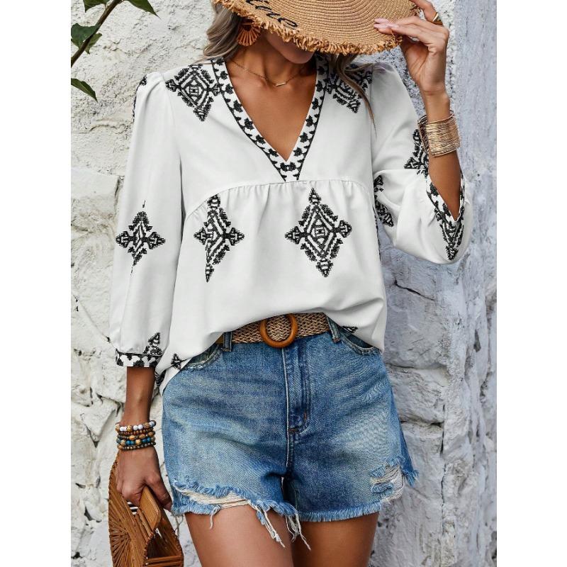 Women's Shirt Summer Fashion Printed Seven Sleeve V-Neck Top