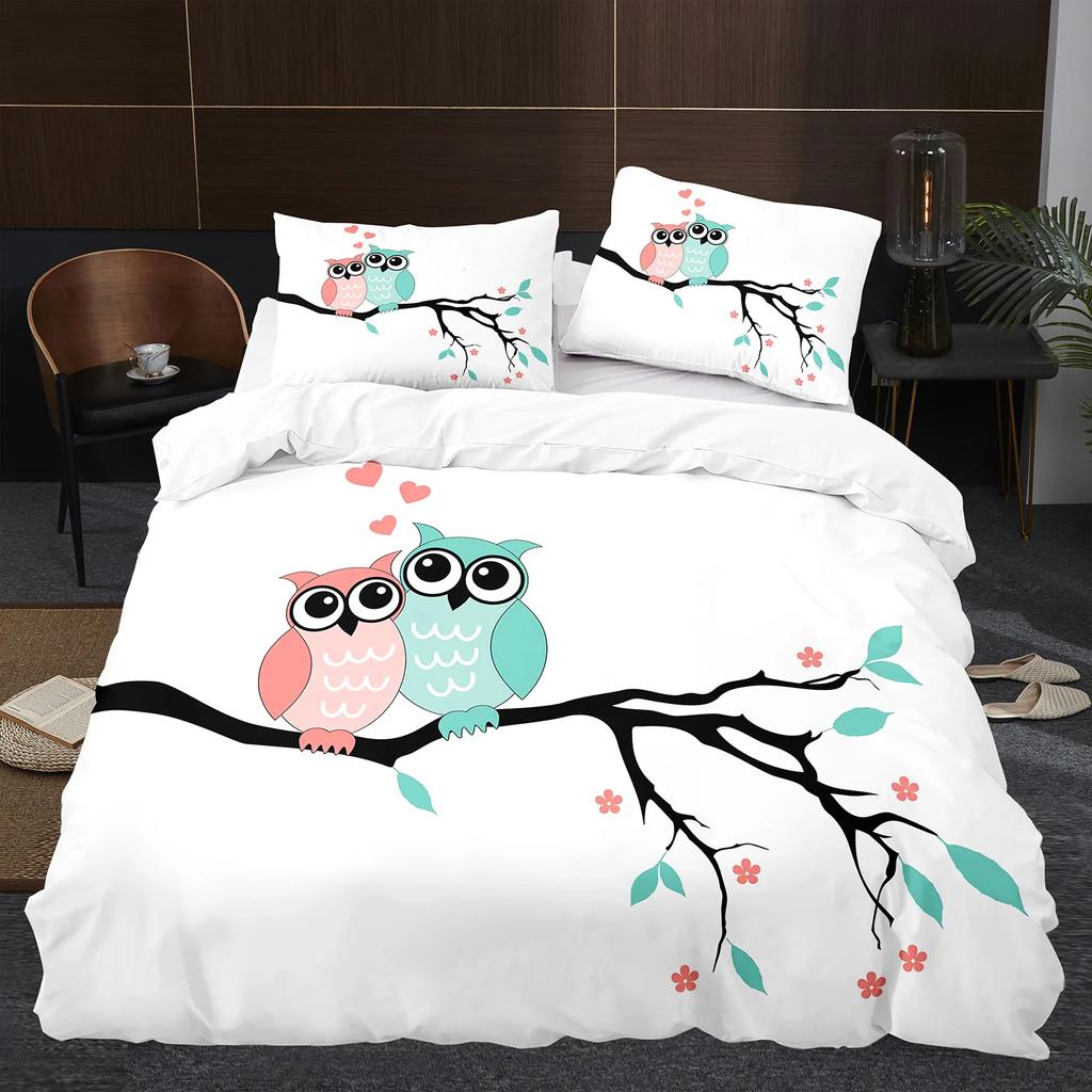 Owl Duvet Cover Set 3D Safari Wildlife Print Comforter Cover Bird Animal Personalized Nighthawk Queen Size Polyester Quilt Cover