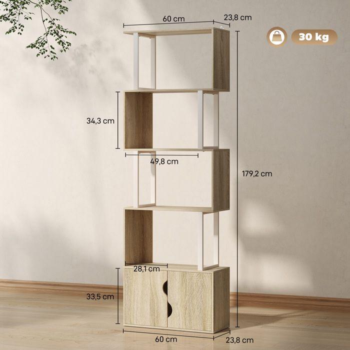 Bookshelf - HOMCOM - 5 Levels - Shelves and Double Door Cabinet - Particleboard - 60 X 23.8 X 179.2 Cm - Natural Wood