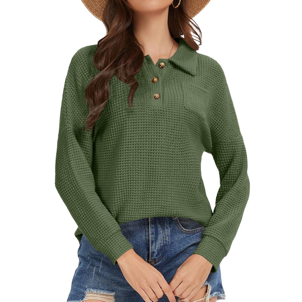 Women's Fashion Long-Sleeve Solid-Color Collared T-Shirt With Button-Up Front And Pocketed Casual Sweatshirt Top