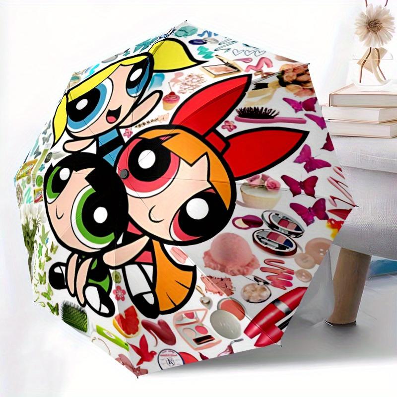 1pc Powerpuff Girls Automatic Folding Umbrella, Portable Collapsible Design, 8-Rib Iron Frame, , All-Season Casual Outdoor Accessory for Christmas Bir