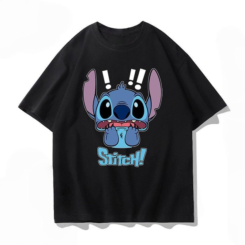 Summer Casual Stitch Fun Print Cotton Comfortable Black T-shirt Adults Children Parent Child Couple Fashion Loose Sportswear