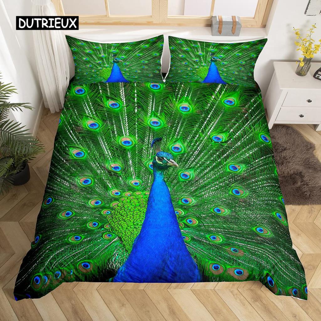 Set Husă Plapumă Păun Elegant Superb Albastru Pene Husă Plapumă Fete Femei Roz Flori Păsări Animal Poliester Husă Plapumă