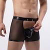 Sexy Herren-Unterhose, leicht zu öffnen, hohl, niedrige Taille, durchsichtiges Netz, Kunstleder, Patchwork, dünn, weich, atmungsaktiv, Boxershorts für Männer