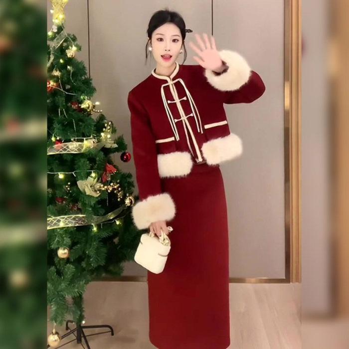 Limited Edition Retro Red New Year Chinese Style Coat & Skirt Set L