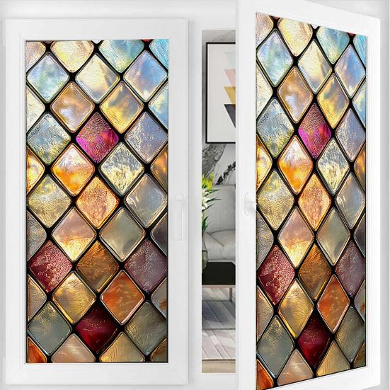 Statische Glasfolie, Fensterfolie mit farbiger Glasstruktur, UV-lichtblockierende, wasserdichte, staubdichte Sichtschutzfolie für die Heimdekoration