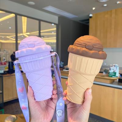 500ML Drinking Cup with Straw Ice Cream Shape Drinking Water Bottle Leakproof Cute Water Bottles with Adjustable Strap