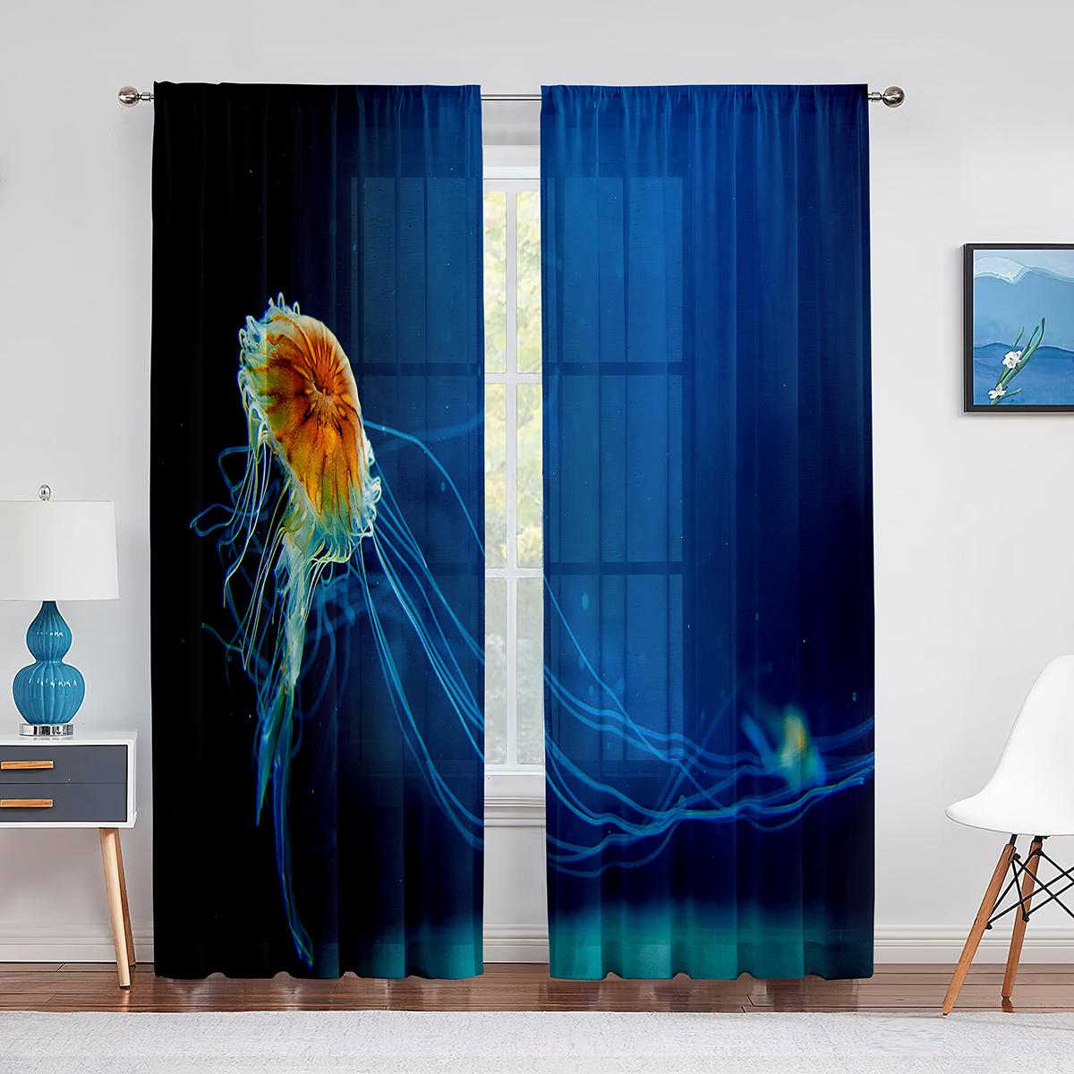 

Медузы в глубоком океане Оконные тюлевые шторы Пенистый мечтательный синий океан Прозрачная вуалевая занавеска для гостиной, спальни, для украшения 1 PCS W100XH250cm&Grommet Top