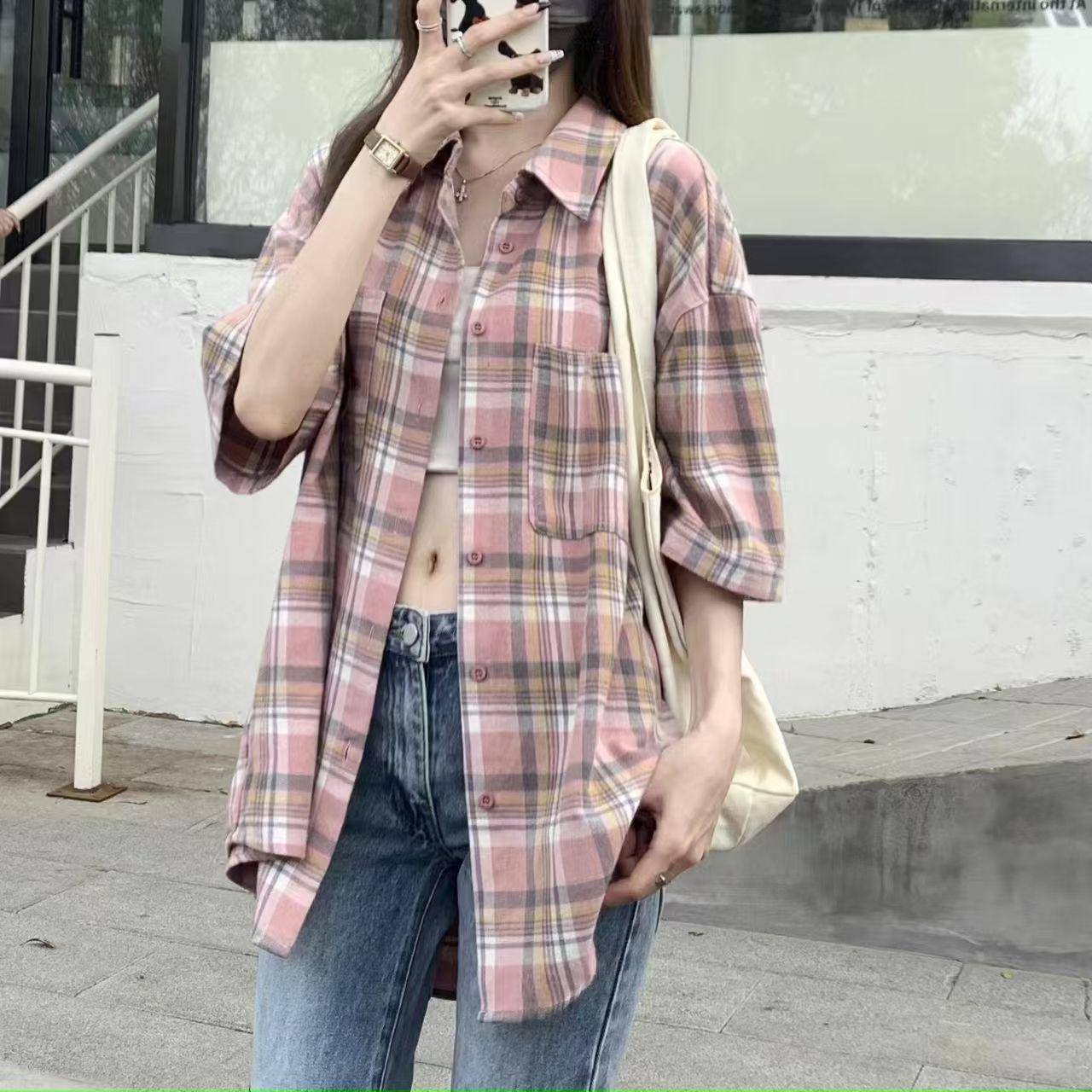 

Женская рубашка в клетку в стиле ретро с коротким рукавом - стиль Гонконга, вдохновленная Кореей, повседневный и универсальный летний топ XXL