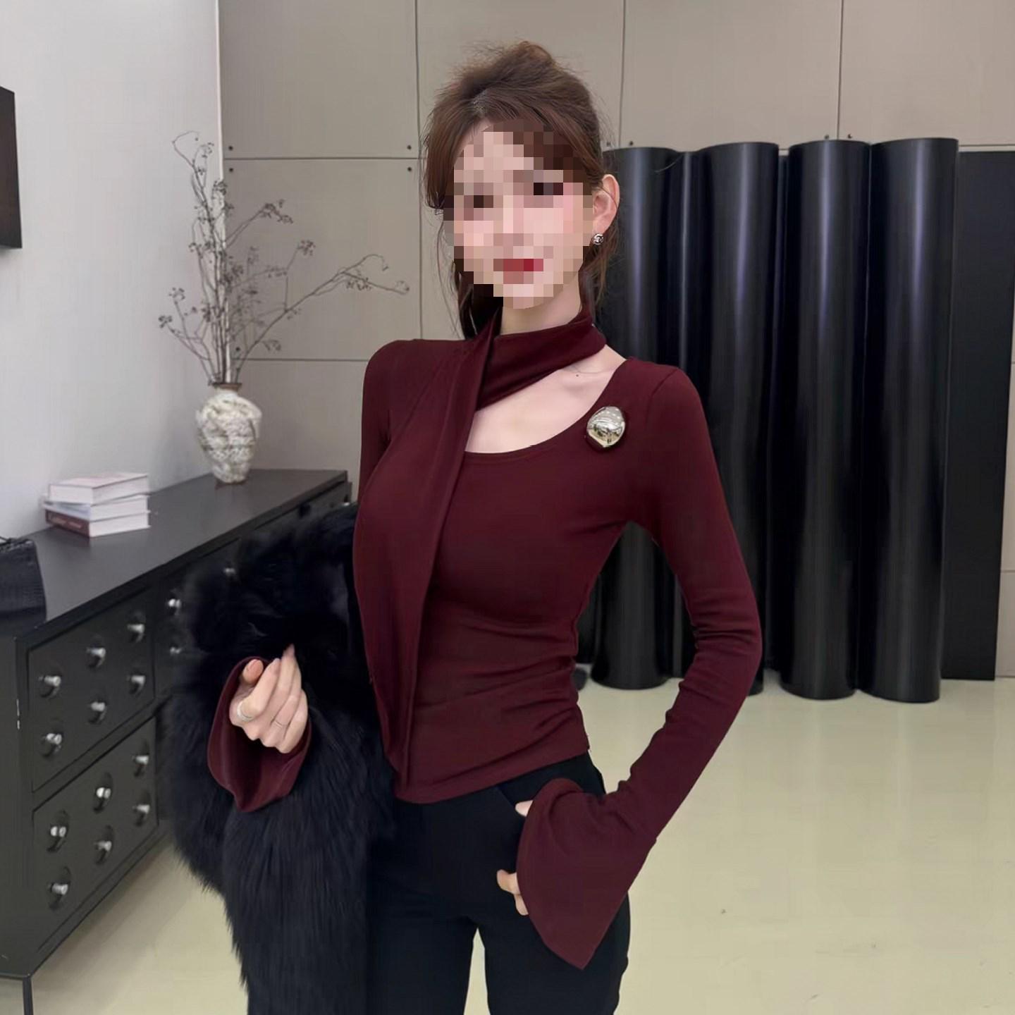 Women s Stylish One-Shoulder Irregular Ribbon Long Sleeve Winter Top L 55-60 kg красный