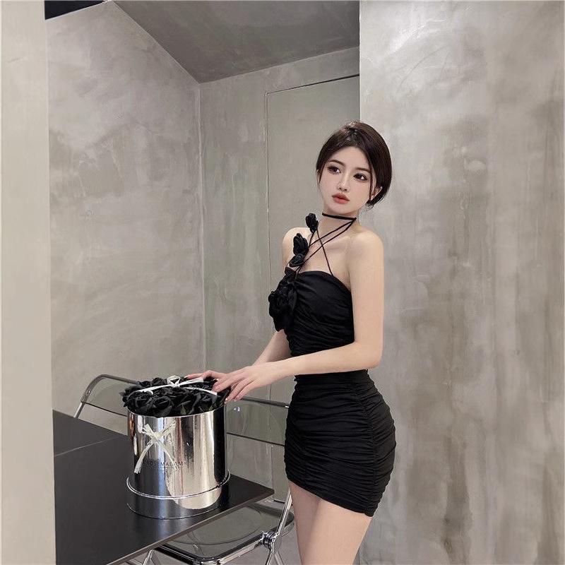 Rose neck sling niche dress summer wrinkle slim hip wrap hottie skirt women