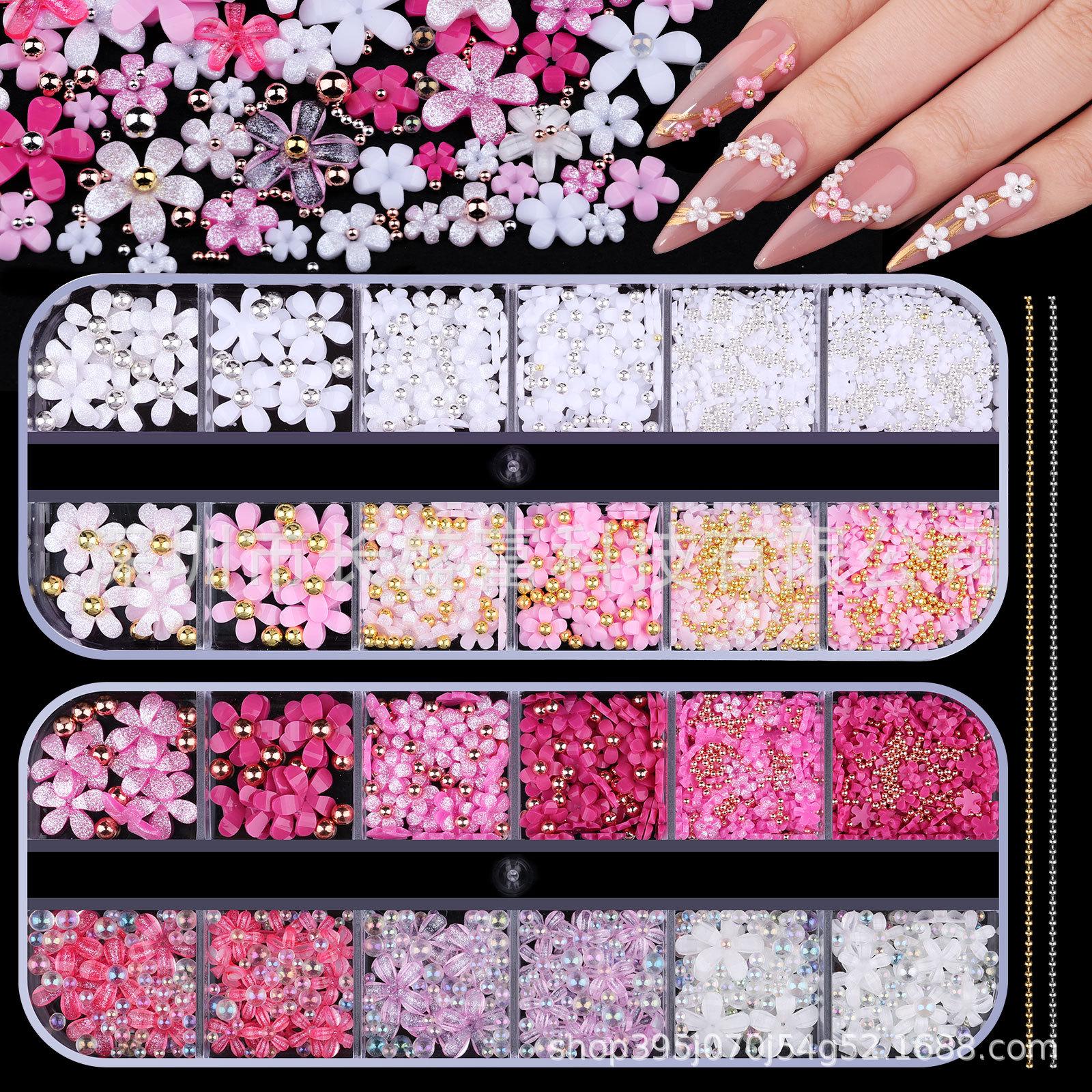12-Grid Nail Art Rhinestones & Glitter: Five-Petal Flower, Mixed Sizes & Steel Beads Nail Decor