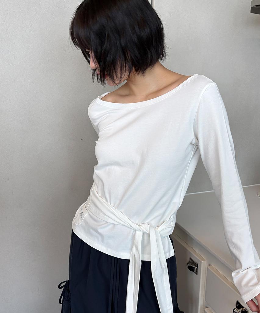 RONRON Waist Tie Off Shoulder Long Sleeve White