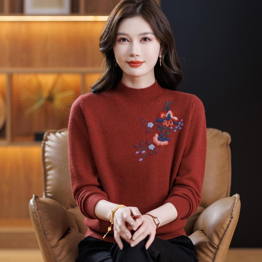 High-Grade Wool Sweater: Semi-High Collar, Fashionable Embroidery, Thick Knit for Middle-Aged/Elderly Women, Winter Warmth.