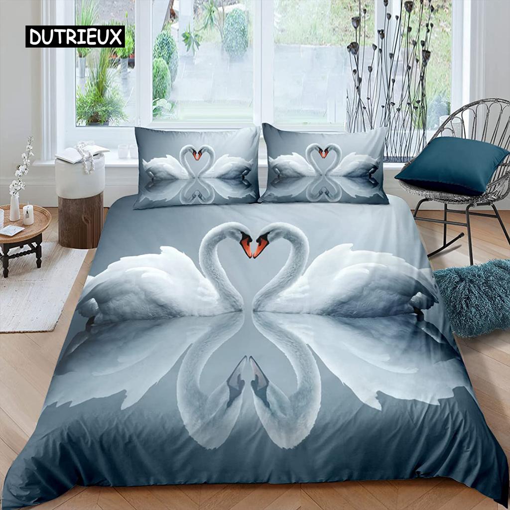 Swan Duvet Cover Black and White Swan Duvet Cover Queen Bird Comforter Cover Microfiber Romantic Flower Wild Animals Quilt Cover