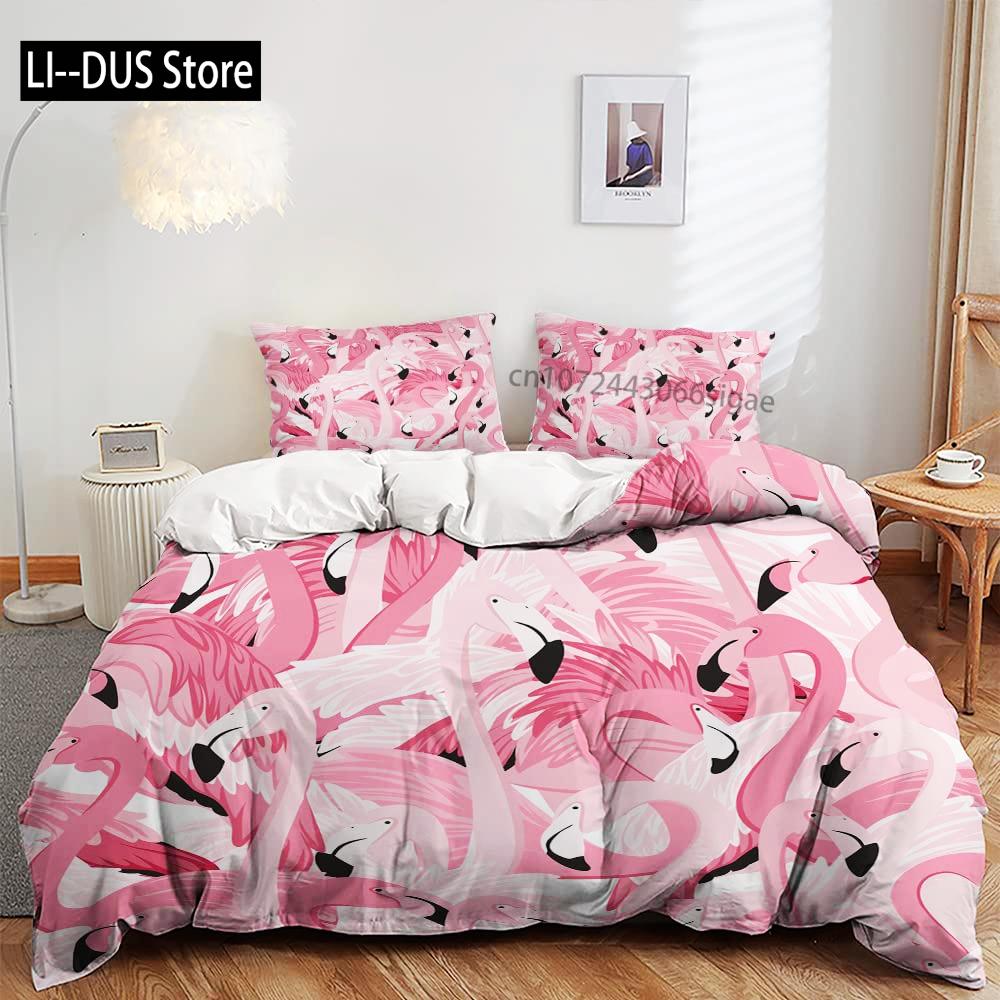 

Pink Flamingo Comforter Cover Green Palm Leaves Printed Bedding Set Duvet Cover For Teen Boys Girls Women Full Queen King Size 135x200cm
