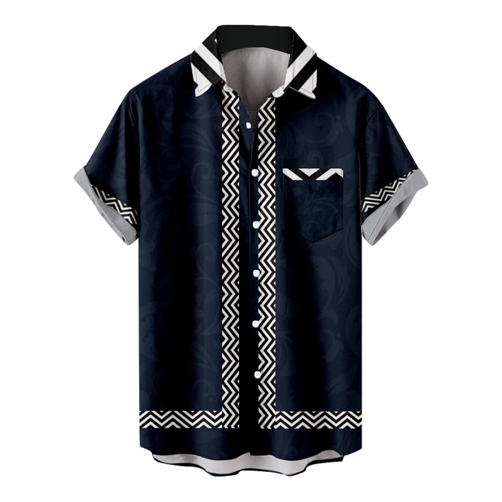 

Мужская повседневная пляжная праздничная одежда с лацканами, модная рубашка, гавайская рубашка с короткими рукавами XL тёмно-синий