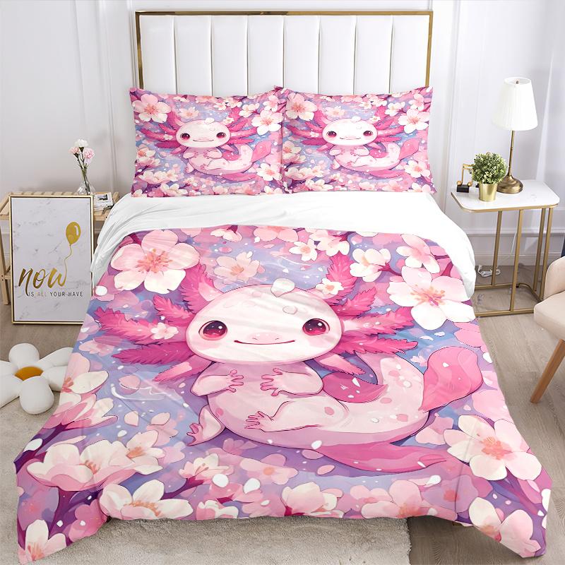 3pcs Axolotl & Pink Flower Bedding Set - Includes 1 Quilt Cover and 2 Pillowcases, Comfortable Bedding with Stylish Design for Bedroom, Mach