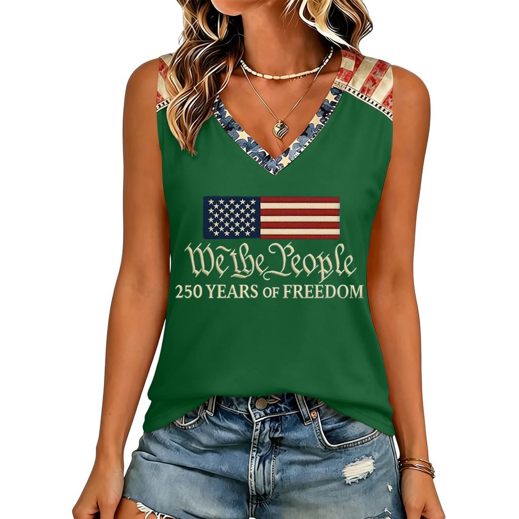 Women V Neck Casual Sleeveless Tank Top 250 Years Of Freedom Letter Print Lightweight Summer Shirt Sleeveless Blouse
