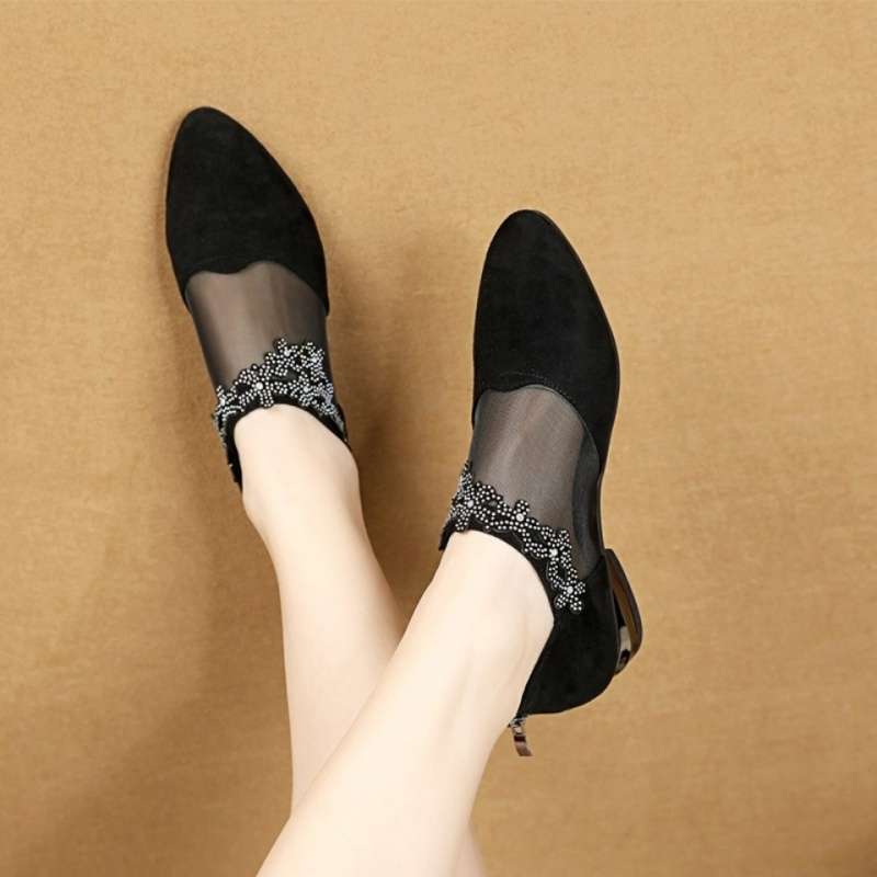 Single shoes women's mesh flat bottom hollow high heel sandals women's summer 2025 new bag head thick heel outer wear large size women's shoes tide