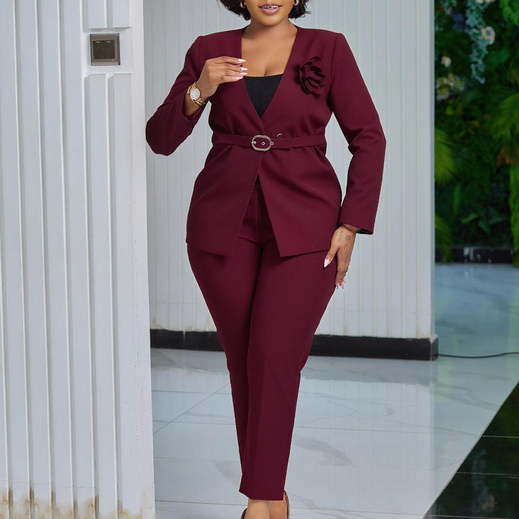 Autumn Winter New Women's Solid Color Fashion Blazer & Pants Two-Piece Set African Outfit D3343